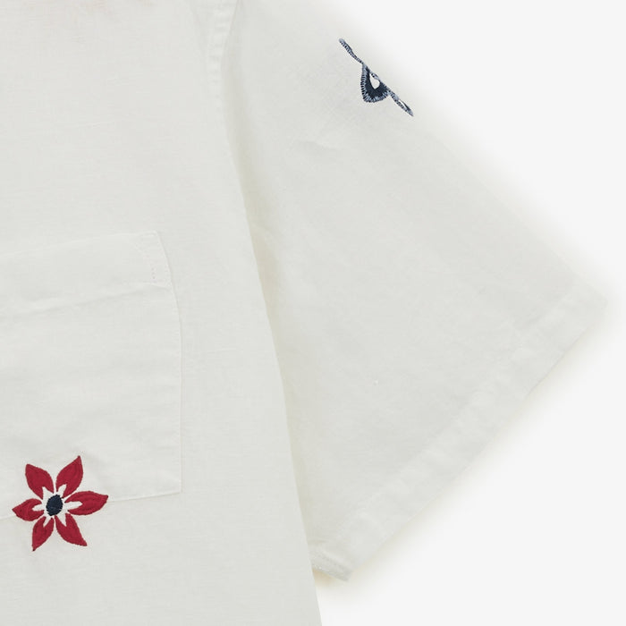 Chemise manches courtes fleurs broderees en lin et coton blanche HOMME SERGE BLANCO