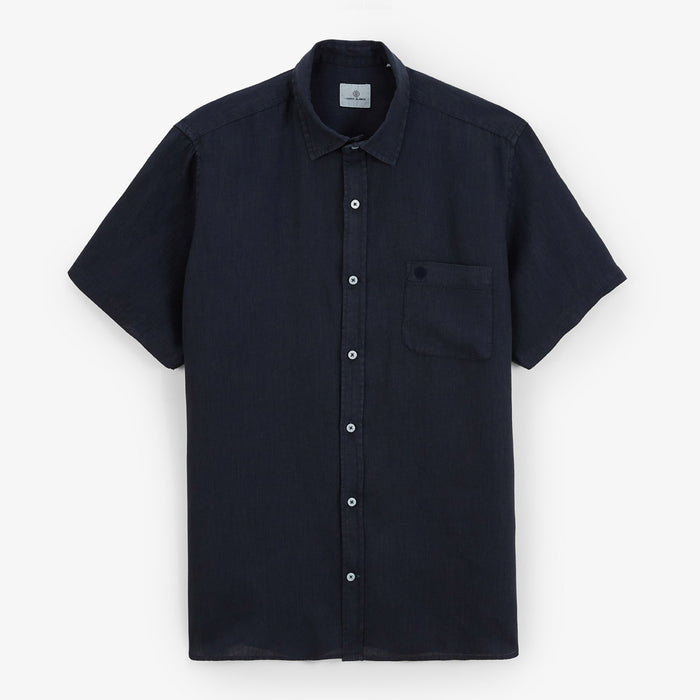 Chemise Manches Courtes Unie en Lin Bleu Marine Poche Poitrine Homme SERGE BLANCO
