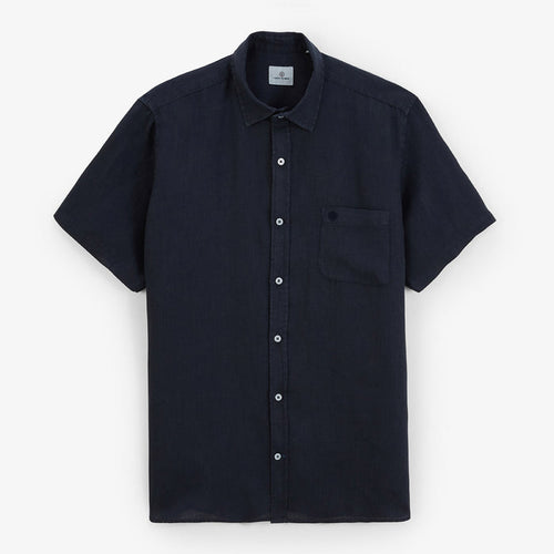 Chemise Manches Courtes Unie en Lin Bleu Marine Poche Poitrine Homme SERGE BLANCO
