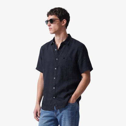 Chemise manches courtes unie en lin bleu marine