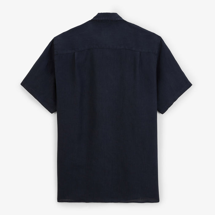 Chemise Manches Courtes Unie en Lin Bleu Marine Poche Poitrine Homme SERGE BLANCO