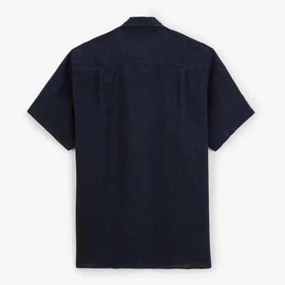 Chemise Manches Courtes Unie en Lin Bleu Marine Poche Poitrine Homme SERGE BLANCO