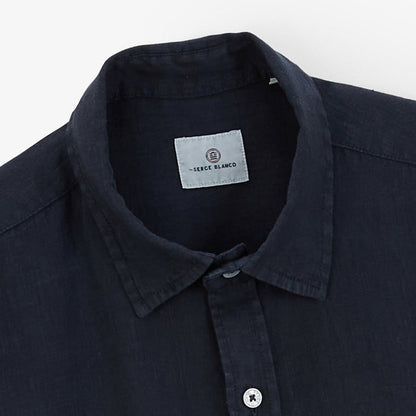 Chemise Manches Courtes Unie en Lin Bleu Marine Poche Poitrine Homme SERGE BLANCO