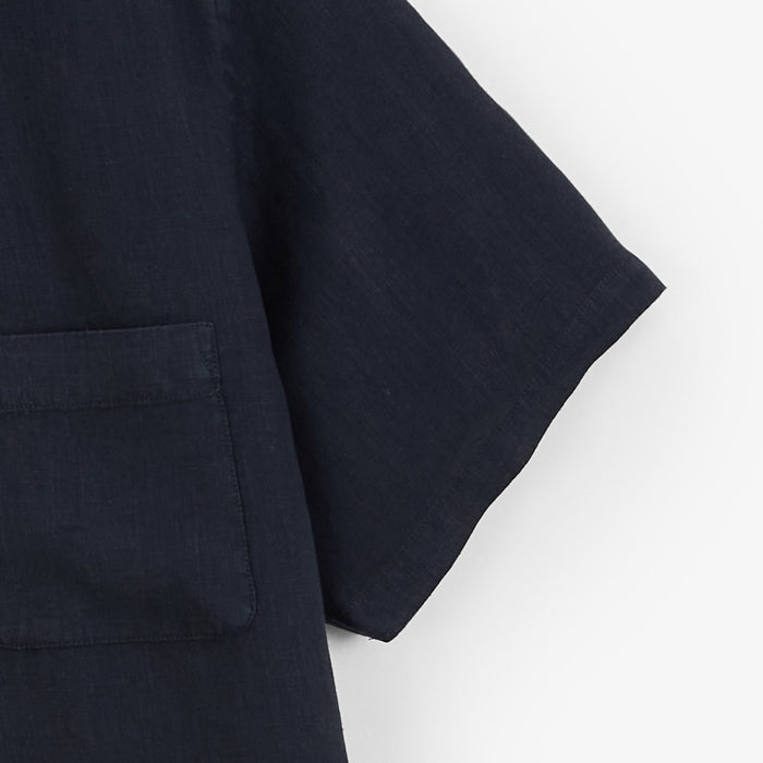 Chemise Manches Courtes Unie en Lin Bleu Marine Poche Poitrine Homme SERGE BLANCO