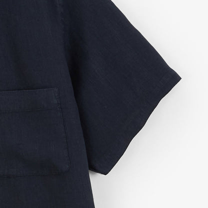 Chemise Manches Courtes Unie en Lin Bleu Marine Poche Poitrine Homme SERGE BLANCO