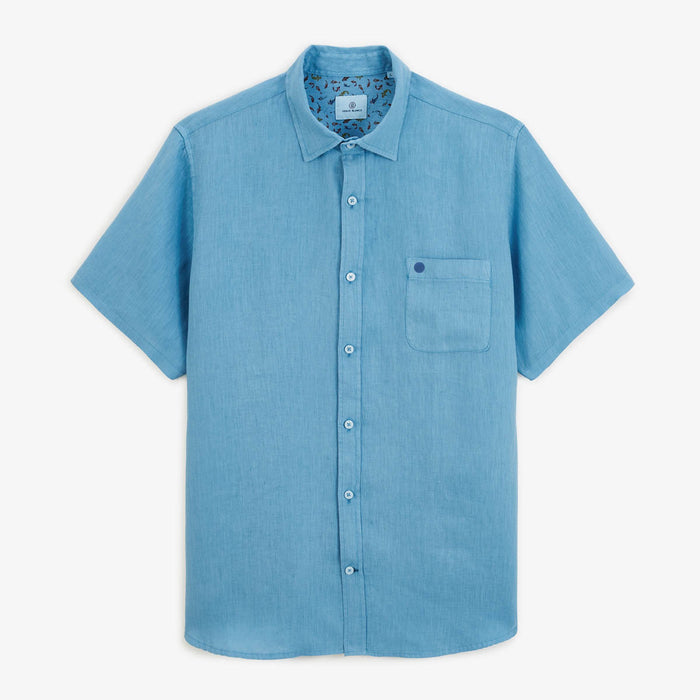 Chemise Manches Courtes Unie En Lin Bleu Océan Poche Poitrine Homme SERGE BLANCO