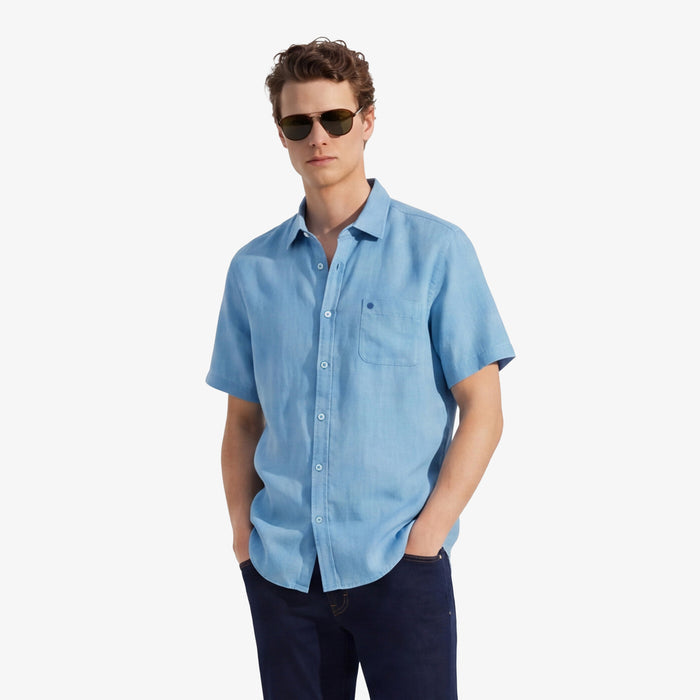 Chemise manches courtes unie en lin bleu océan