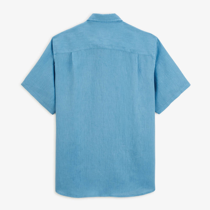 Chemise Manches Courtes Unie En Lin Bleu Océan Poche Poitrine Homme SERGE BLANCO