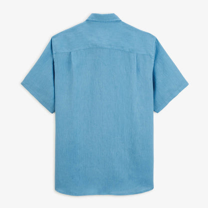Chemise Manches Courtes Unie En Lin Bleu Océan Poche Poitrine Homme SERGE BLANCO
