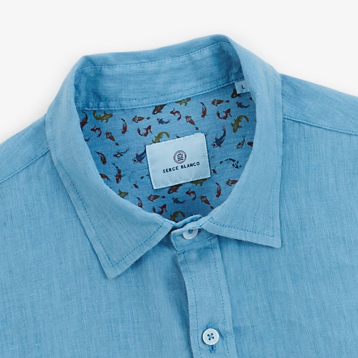 Chemise Manches Courtes Unie En Lin Bleu Océan Poche Poitrine Homme SERGE BLANCO