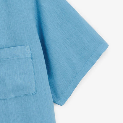 Chemise Manches Courtes Unie En Lin Bleu Océan Poche Poitrine Homme SERGE BLANCO