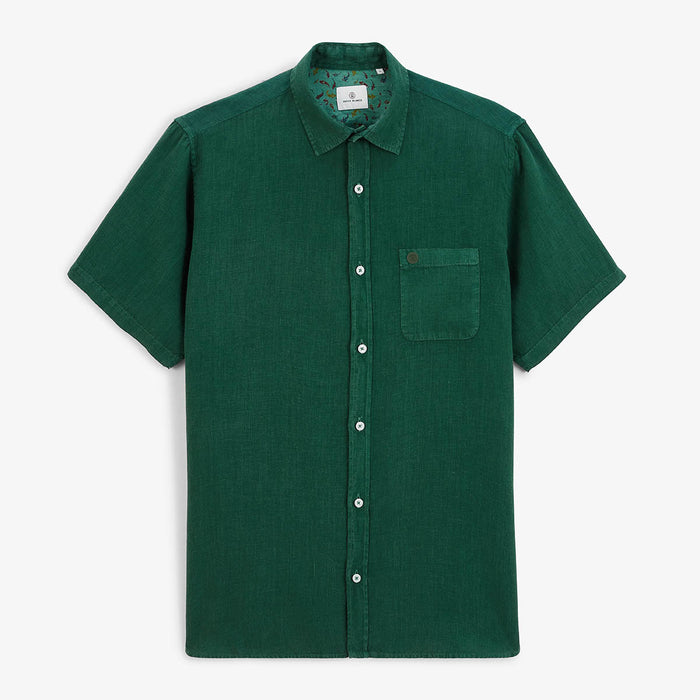 Chemise Manches Courtes Unie en Lin Vert Olive Poche Poitrine Homme SERGE BLANCO