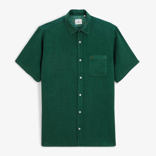 Chemise Manches Courtes Unie en Lin Vert Olive Poche Poitrine Homme SERGE BLANCO