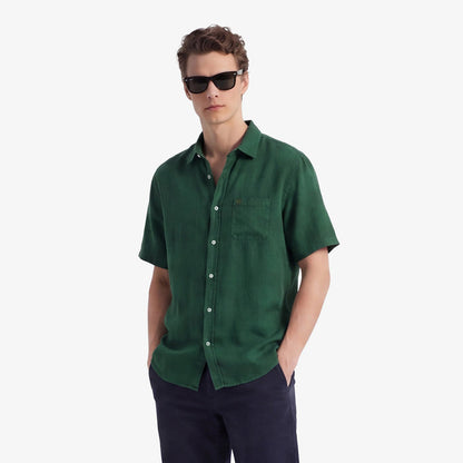 Chemise manches courtes unie en lin vert olive