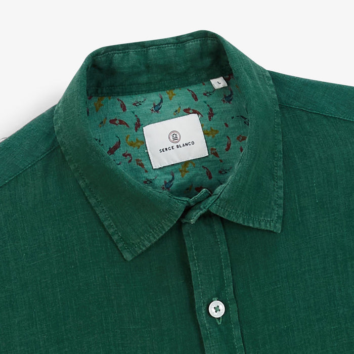 Chemise Manches Courtes Unie en Lin Vert Olive Poche Poitrine Homme SERGE BLANCO