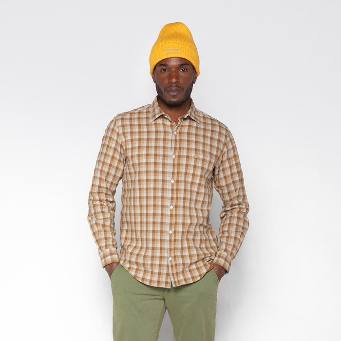 Chemise manches longue en coton à carreaux beige Charles Homme SERGE BLANCO