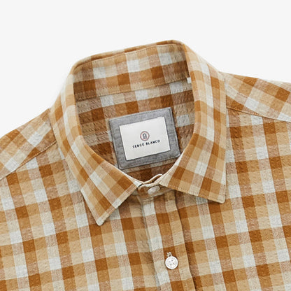 Chemise manches longue en coton à carreaux beige Charles Homme SERGE BLANCO
