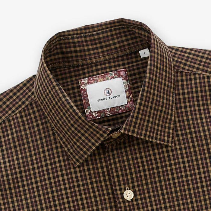 Chemise manches longues en coton à petits carreaux bleu marine Charles Homme SERGE BLANCO