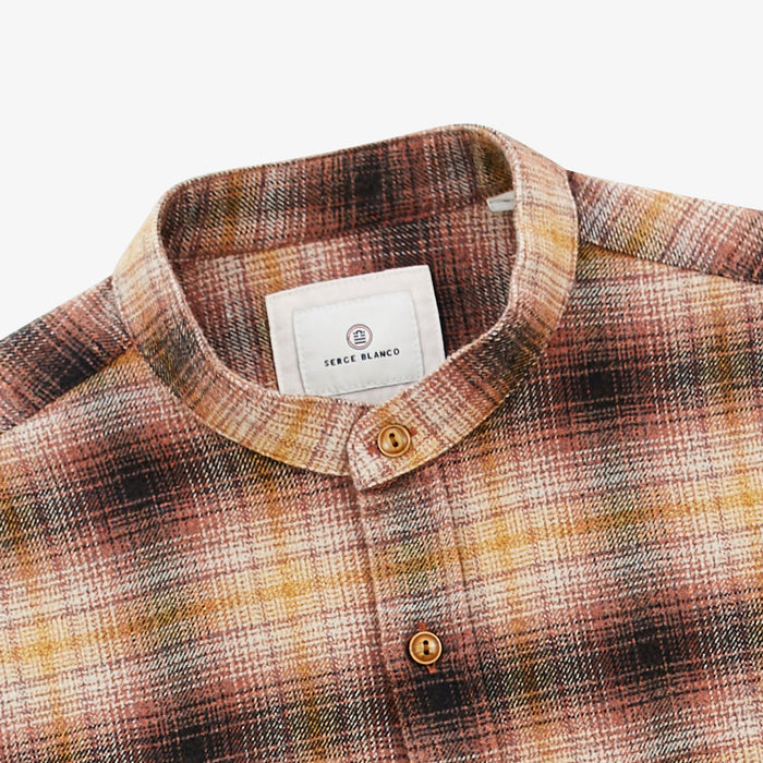 Chemise manches longues en coton col Mao à carreaux cuivre Charles Homme SERGE BLANCO