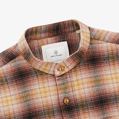 Chemise manches longues en coton col Mao à carreaux cuivre Charles Homme SERGE BLANCO