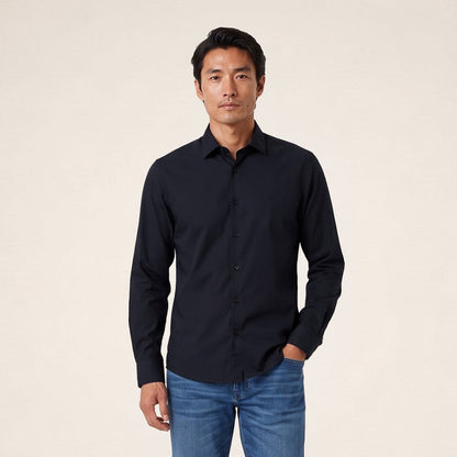 Chemise manches longues en coton stretch unie bleu marine