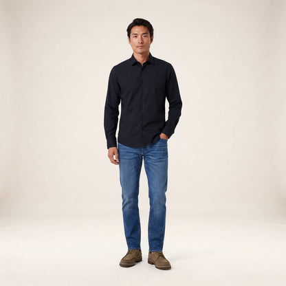 Chemise manches longues en coton stretch unie bleu marine