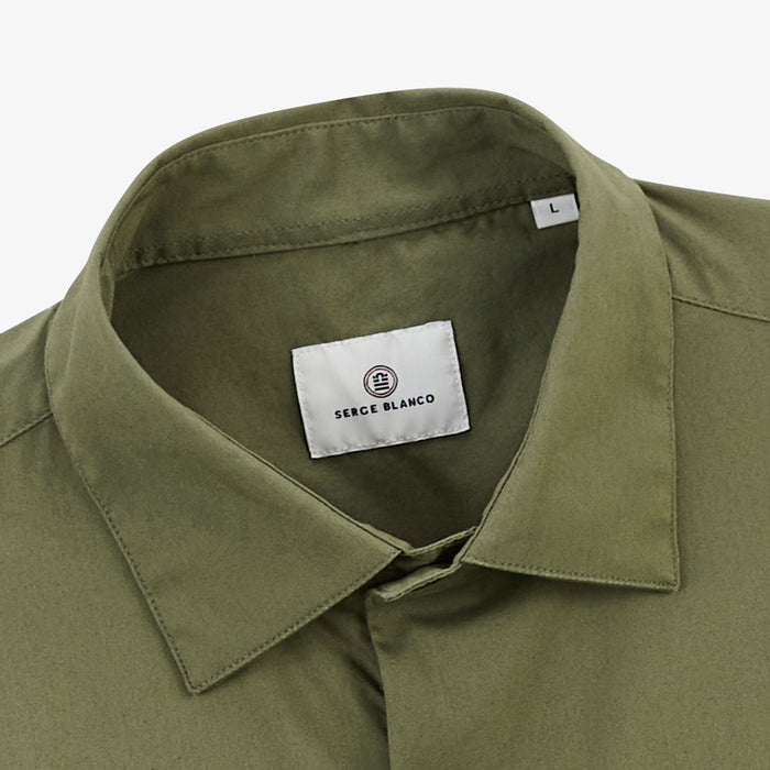 Chemise manches longues en coton stretch unie vert army HOMME SERGE BLANCO