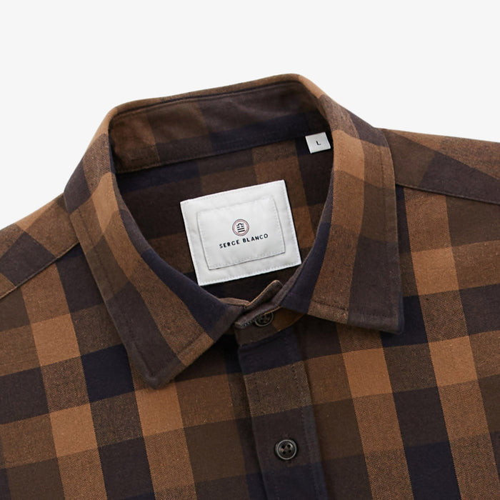 Chemise manches longues en coton twill à carreaux marron Charles Homme SERGE BLANCO