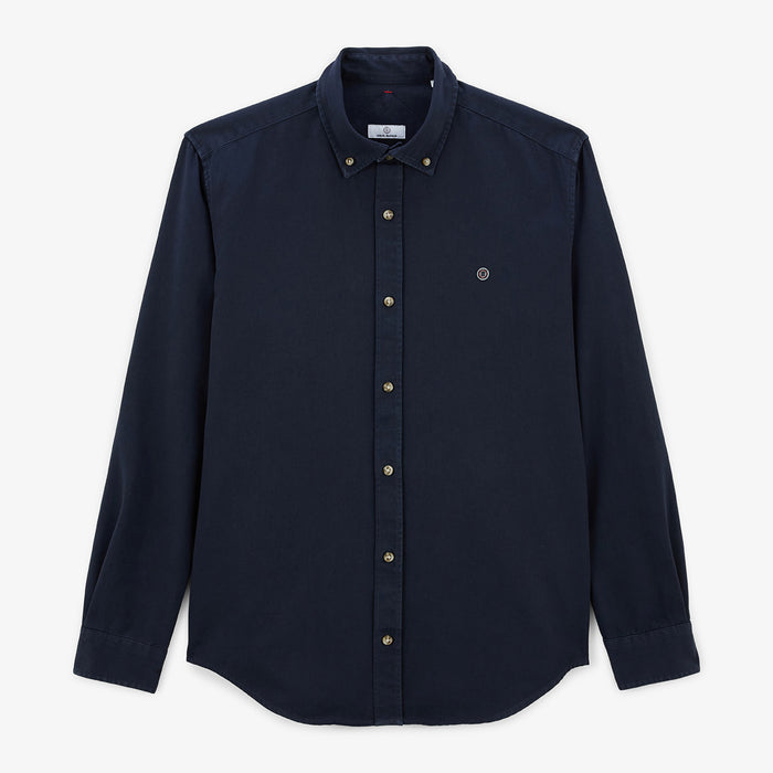 Chemise Manches Longues En Coton Twill Bleu Dark Navy Unie Charles Homme SERGE BLANCO