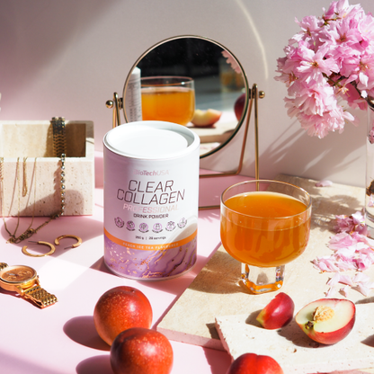 BioTechUSA Clear Collagen Professional osvježavajući aromatizirani napitak u prahu s hidroliziranim kolagenom, hijaluronskom kiselinom, aminokiselinama, vitaminima i mineralima, šećerom i sladilom.