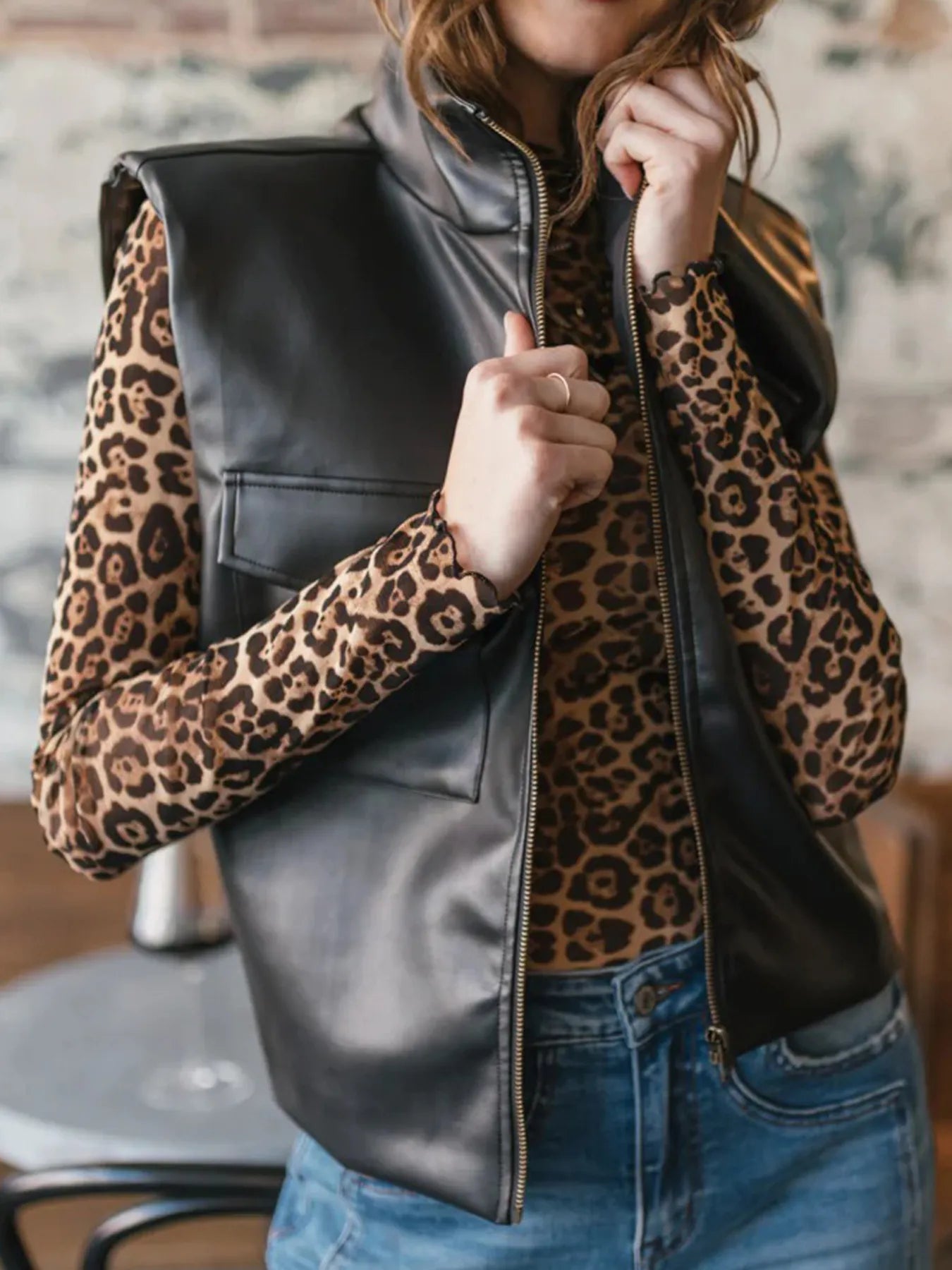 Hazel Blues® |  Leather Sleeveless Vest Coat with Zipper Closure
