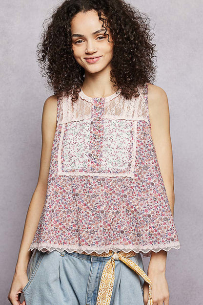 Hazel Blues® |  POL Printed Woven Lace Back Round Neck Sleeveless Top
