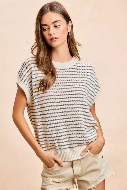 Hazel Blues® |  BiBi Pointelle Stripes Sleeveless Drop Shoulder Lightweight Sweater Top