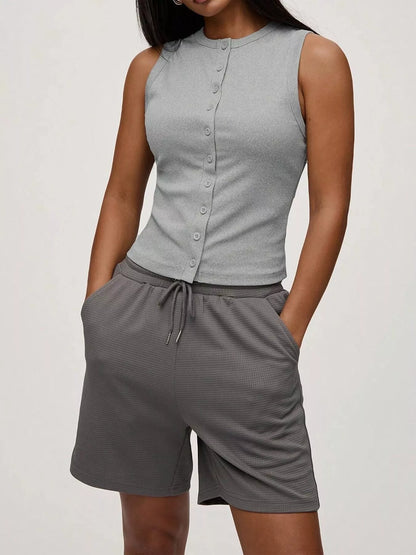 Hazel Blues® |  Ribbed Button-Front Sleeveless Tank