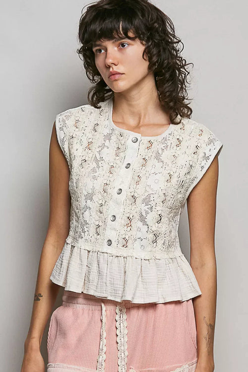 Hazel Blues® |  POL Round Neck Lace Sleeveless Top with Double Gauze Ruffle