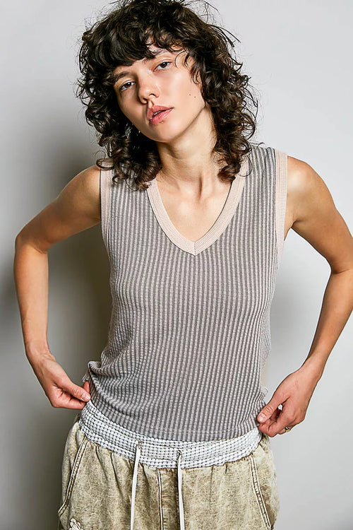 Hazel Blues® |  POL V-Neck Contrast Ribbed Sleeveless Tank