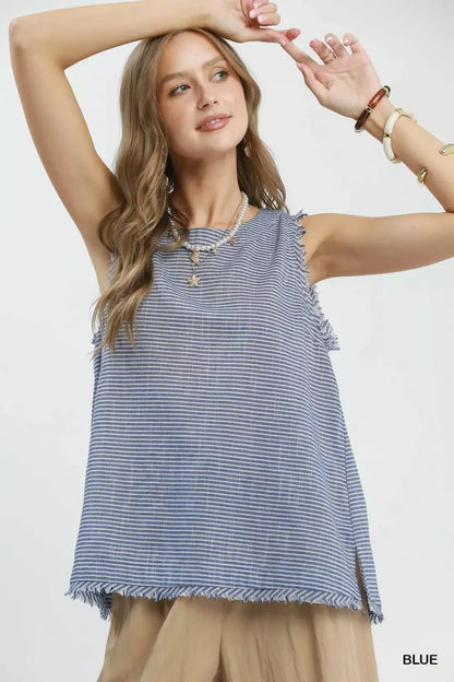 Hazel Blues® |  Umgee Stripe Fringe Trim Sleeveless Top