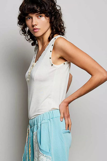 Hazel Blues® |  POL Studded Trim Button-Front Ruffle Detail Tank