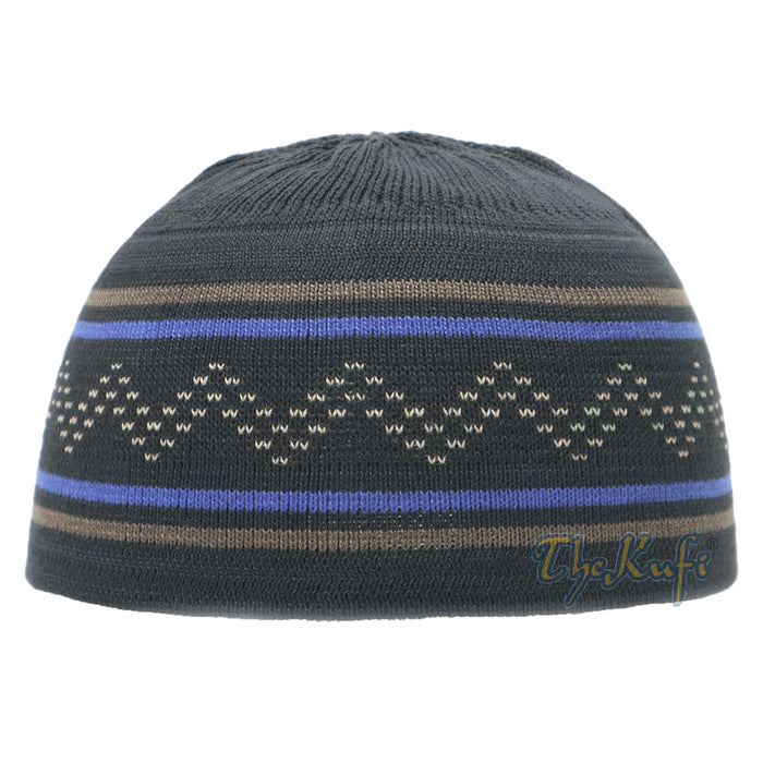 Dark Blue Brown Stripe Stretch-Knit Zigzag Kufi Hat Skull Cap Beanie