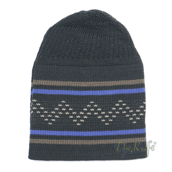 Dark Blue Brown Stripe Stretch-Knit Zigzag Kufi Hat Skull Cap Beanie