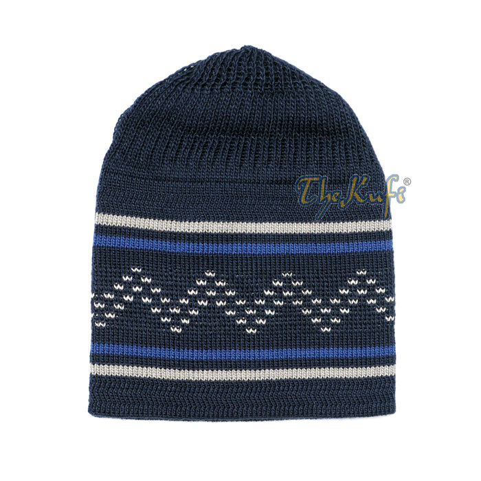 Dark Blue Gray Stripe Stretch-Knit Zigzag Kufi Hat Skull Cap Beanie