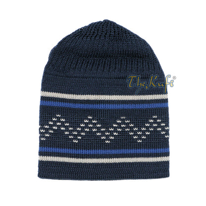 Dark Blue Gray Stripe Stretch-Knit Zigzag Kufi Hat Skull Cap Beanie