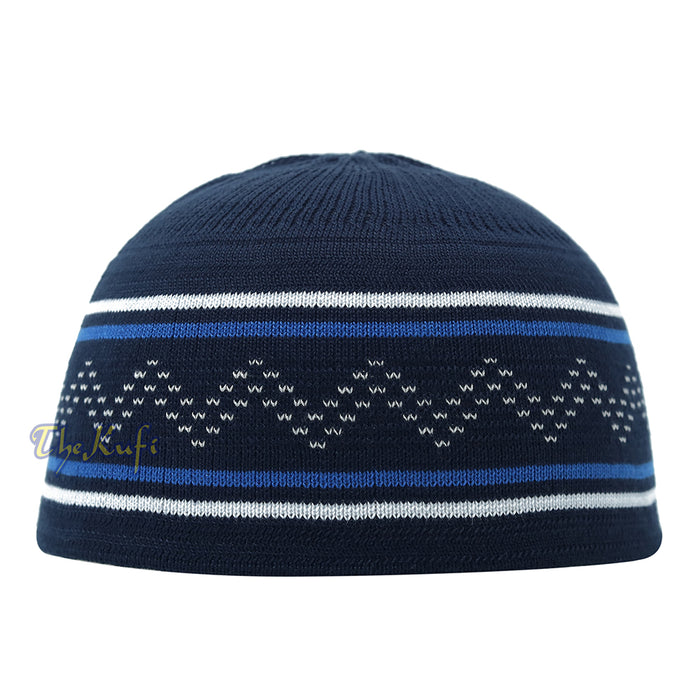 Dark Blue White Stripe Stretch-Knit Zigzag Kufi Hat Skull Cap Beanie