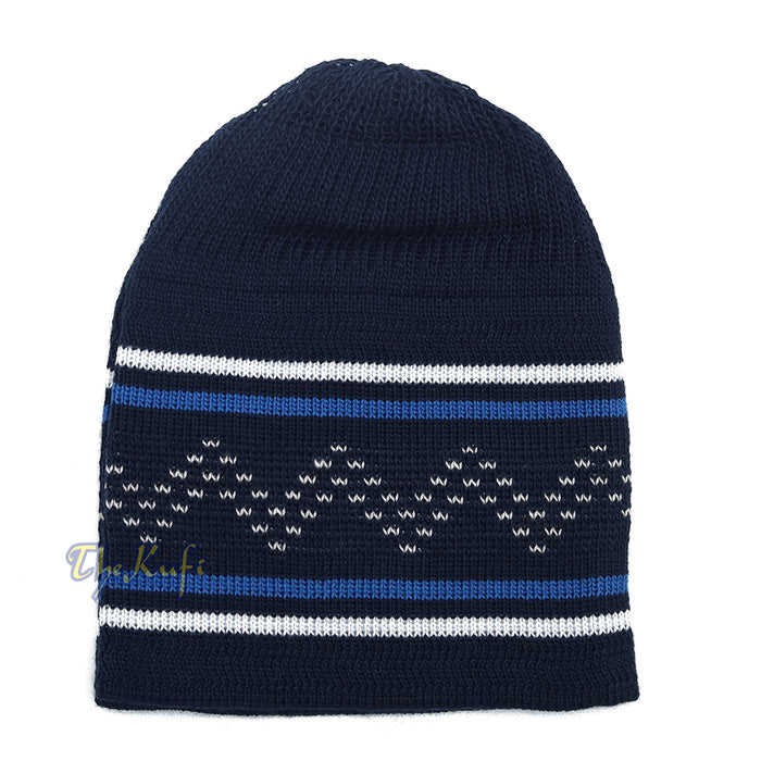 Dark Blue White Stripe Stretch-Knit Zigzag Kufi Hat Skull Cap Beanie