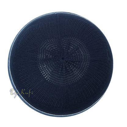 Dark Blue White Stripe Stretch-Knit Zigzag Kufi Hat Skull Cap Beanie