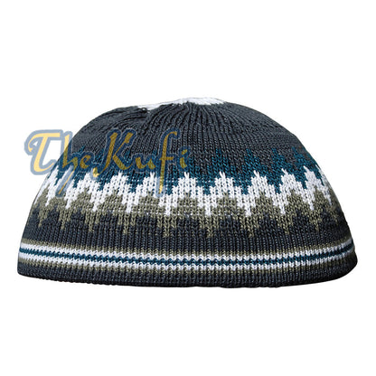 Dark Gray, Dark Green, White and Green Stretch-Knit Kufi Hat Skull Cap - Comfortable Fit - Design