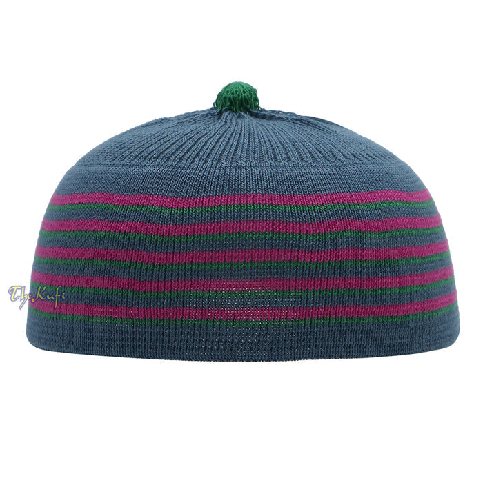 Dark Gray with Hot Pink and Green Lines Baby Or Infant Kufi pom-pom Stretchable Beanie
