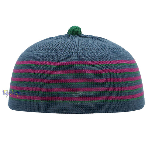 Dark Gray with Hot Pink and Green Lines Baby Or Infant Kufi pom-pom Stretchable Beanie