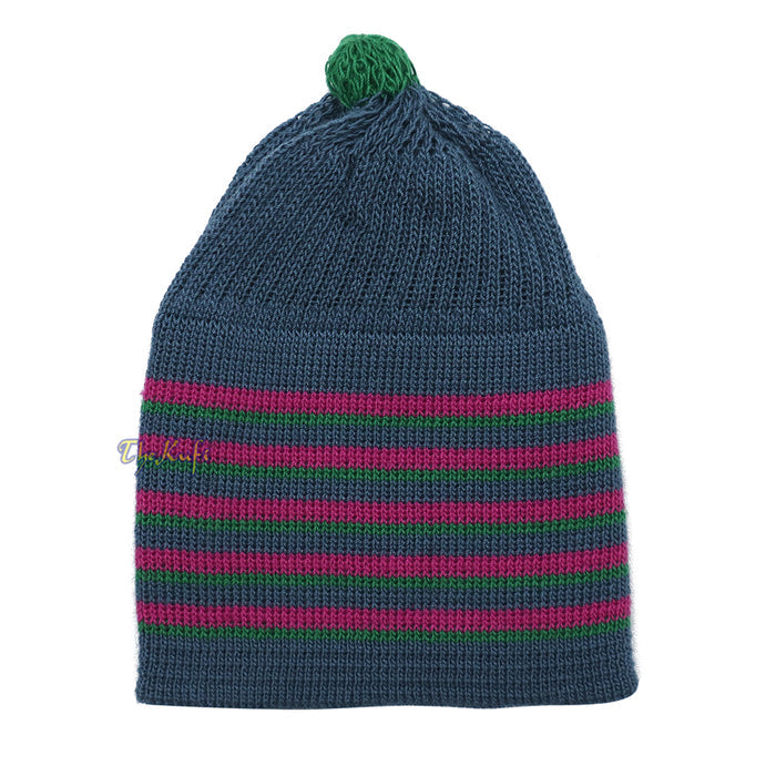 Dark Gray with Hot Pink and Green Lines Baby Or Infant Kufi pom-pom Stretchable Beanie