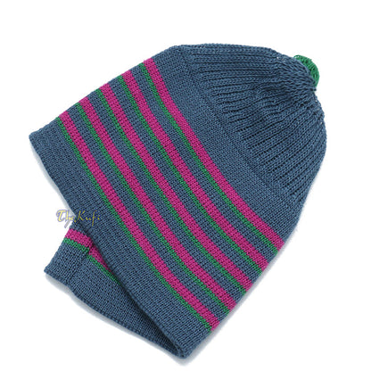 Dark Gray with Hot Pink and Green Lines Baby Or Infant Kufi pom-pom Stretchable Beanie